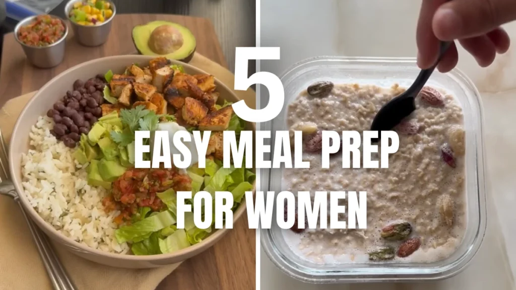 5-day high-protein meal prep for women, containers with oats, salmon salad, burrito bowls, and veggie snack boxes