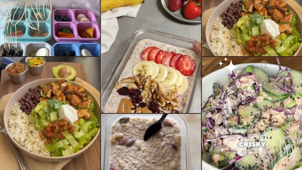 4-part collage showing high-protein overnight oats, salmon salad lunch box, burrito bowl, and veggie snack box for a 5-day meal prep plan