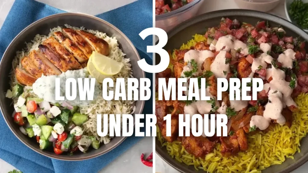 Healthy high-protein meal prep bowls with chicken, tofu, quinoa, roasted vegetables, greens, and sauces in containers