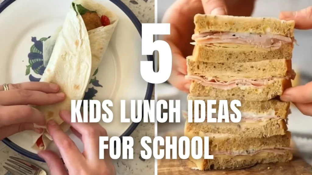 Colorful kids school lunchbox with sandwich, fruit, vegetables, crackers, and small treats packed for a busy morning
