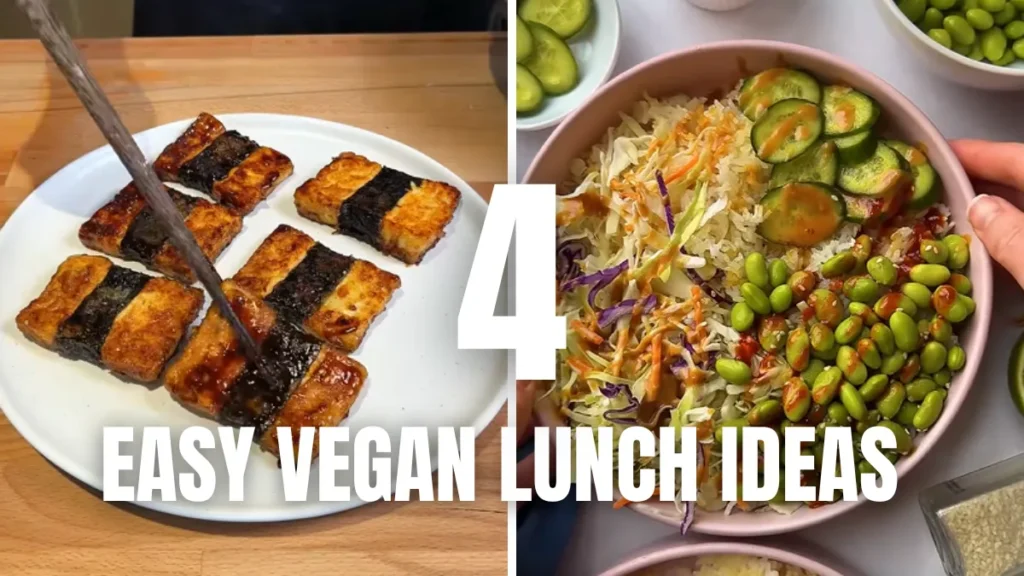 Four colorful 5-minute vegan lunch recipes arranged on a wooden table with rice bowl, chickpea sandwich, lentil salad, and tofu pita