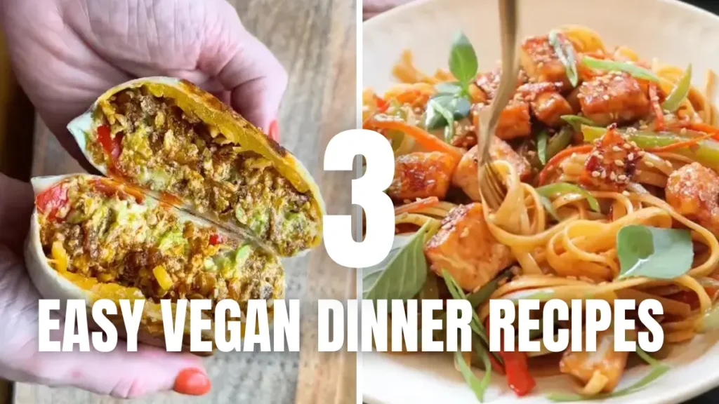 Three easy vegan dinner recipes for beginners with mushroom stroganoff, tofu noodles, and bean burritos