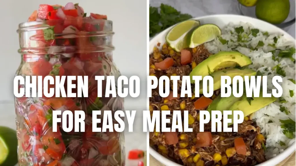 Chicken taco potato meal prep bowls with seasoned chicken, roasted potatoes, pico de gallo, and creamy lime sauce