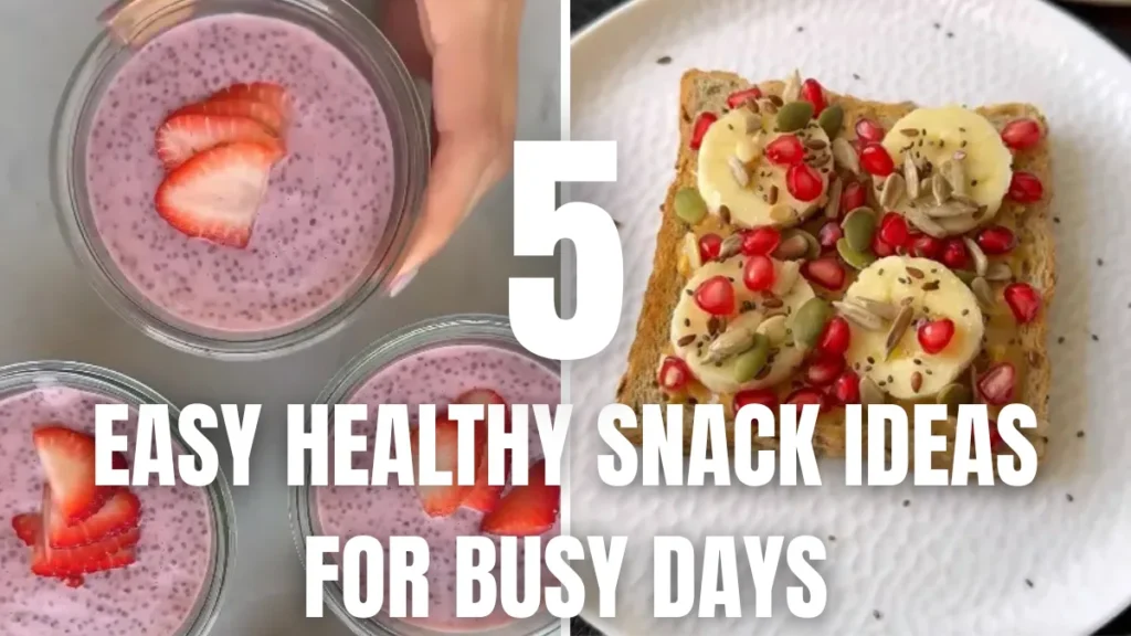 Five easy healthy snacks with yogurt, avocado, nut butter toast, cracker bites, and peanut butter dates