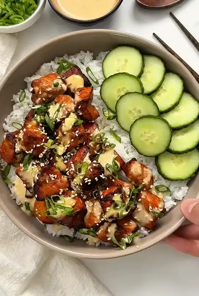 Air fryer bang bang salmon with butter rice and green beans