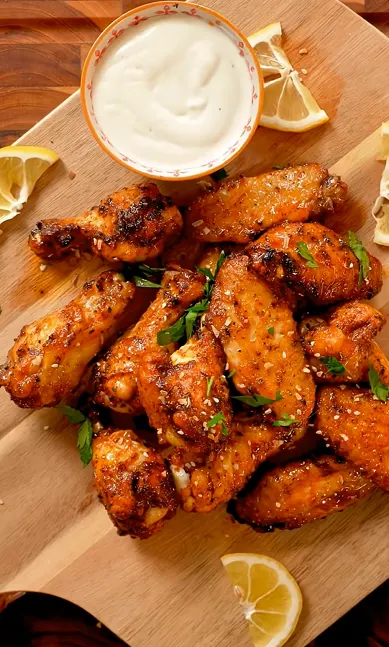 Crispy air fryer chicken wings served with fresh lemony salad