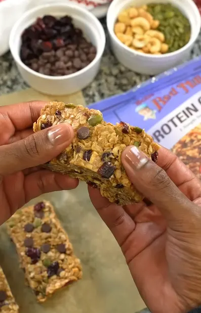 Homemade chewy granola bars with oats and chocolate chips