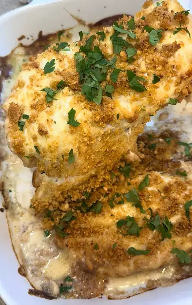 Baked Caesar chicken with golden crouton topping