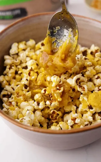 Dairy-free cheesy popcorn in a bowl
