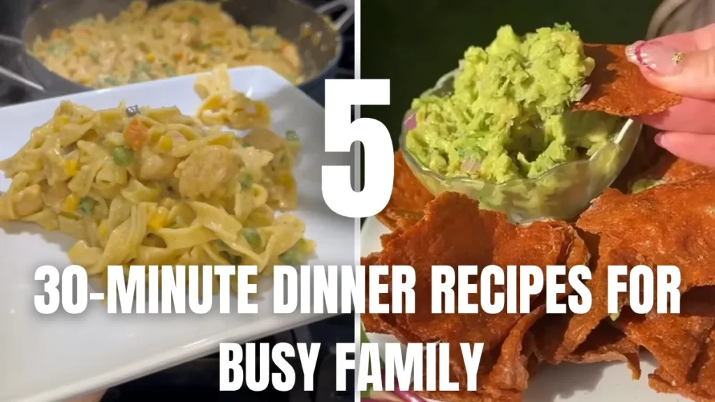 Five easy 30-minute family dinners served together on a wooden table