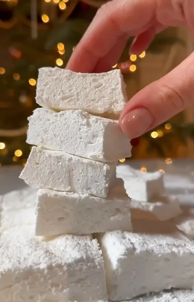 Homemade marshmallow squares dusted with powdered sugar
