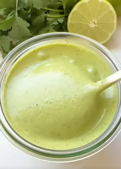 Creamy lime yogurt sauce in a small bowl with cilantro and chipotle hot sauce