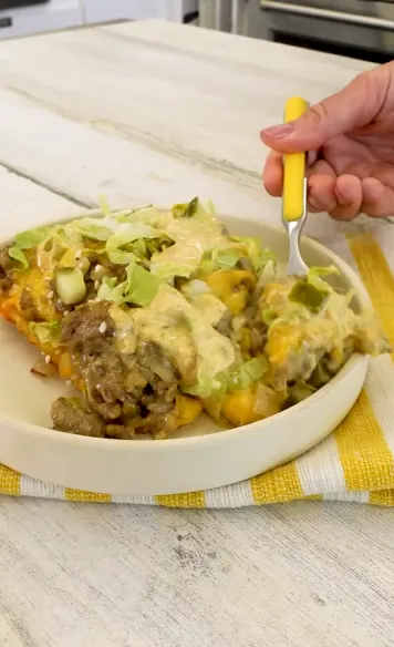 Burger-style hash brown casserole with lettuce and pickles