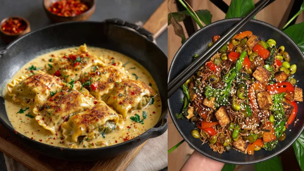 7 easy vegan meals including creamy pasta, colorful stir fry noodles with tofu, and plant-based dessert