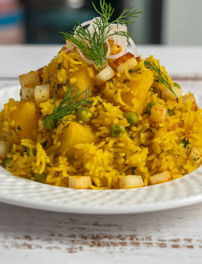 Coconut pumpkin rice served with warm butter bean stew, tomatoes, okra, thyme, and allspice