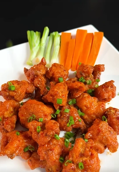 Crispy vegan buffalo cauliflower bites served with celery and dairy-free ranch