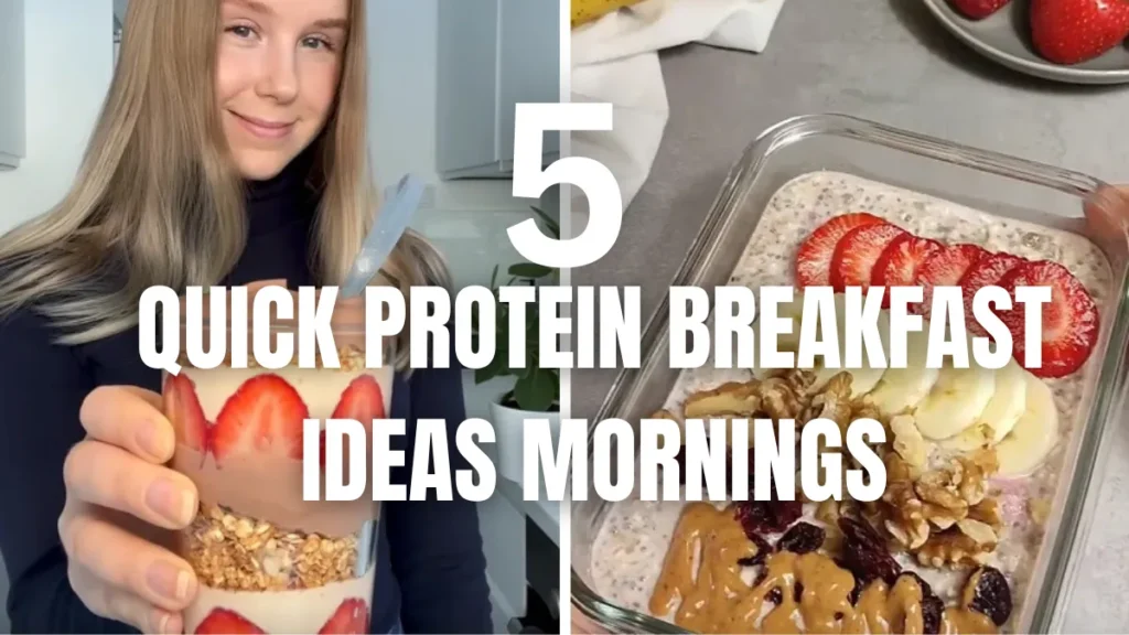 Breakfast spread with a yogurt parfait, bagel and eggs, oatmeal, smoothie, and tuna rice bowl on a marble counter