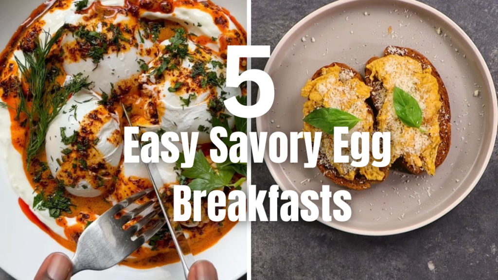 A breakfast spread featuring five savory egg recipes including a fluffy omelet, baked egg bagel, egg toast, Turkish-style eggs, and kimchi pancakes