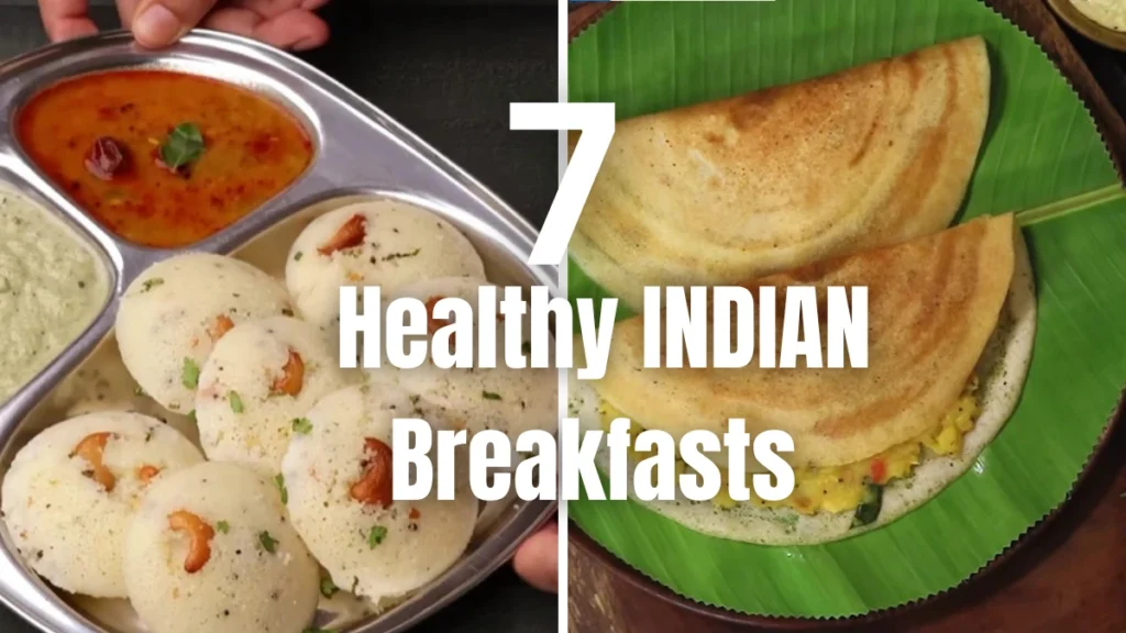 A colorful spread of Indian-inspired healthy breakfast ideas including poha, paneer bhurji sandwich, millet dosa, smoothie, and sprout chaat