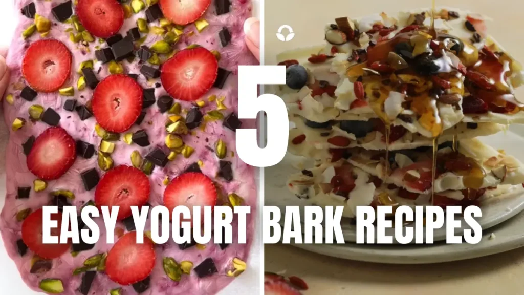 Broken pieces of five different yogurt bark recipes with berries, chocolate, banana, pineapple, and peanut butter toppings on a marble surface
