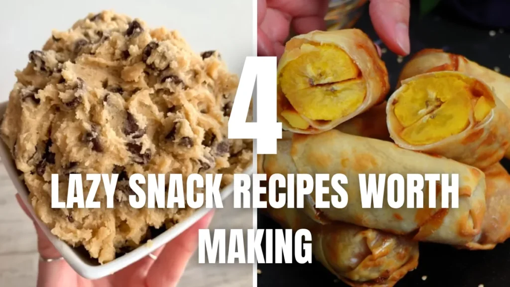Four easy lazy snack recipes including froyo bark, tortilla pizza, edible cookie dough, and banana egg roll bites